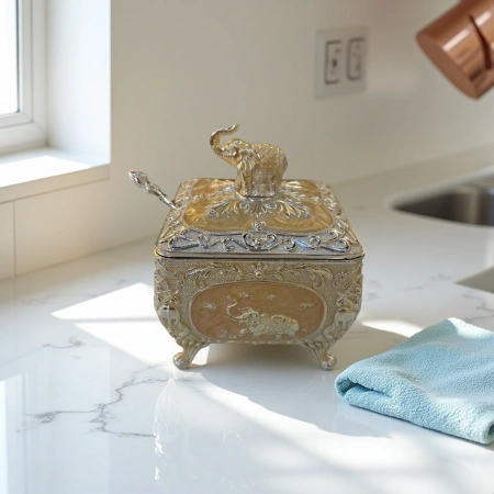 Golden silver-edged elephant-shaped storage box, home storage and organization box, elephant ornament, kitchen condiment storage jar Golden silver-edged elephant-shaped storage box, home storage and organization box, elephant ornament, kitchen condiment storage jar